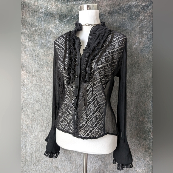 Y2K 2000s Black Ruffle Silky Lace Blouse - Picture 2 of 4